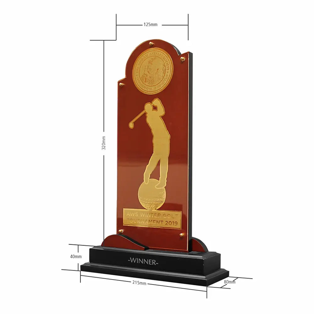 Luxury 24K Gold Plated FGolf Trophy | Custom Foil Award with MDF Wood Base