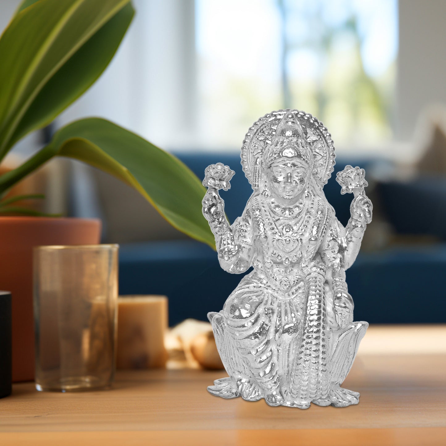925 Pure Silver Laxmi Ji Idol Statue Divine Elegance Wealth and Prosperity for Home Office Décor, Tabletop, Puja Room Gift (6x6.5 CM, 65g)