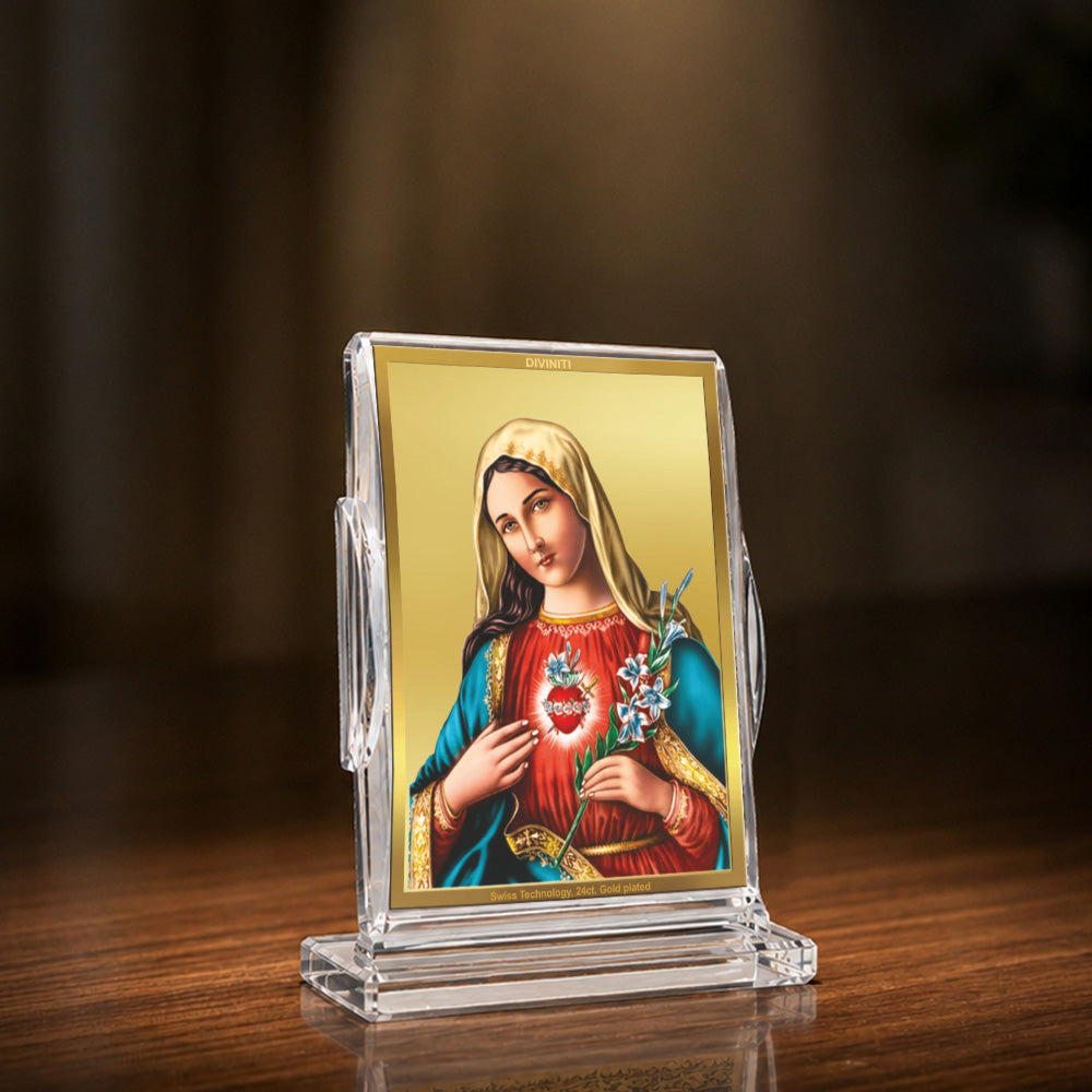 24K Gold-Plated Mother Mary Acrylic Car Dashboard Frame | 11x7 CM