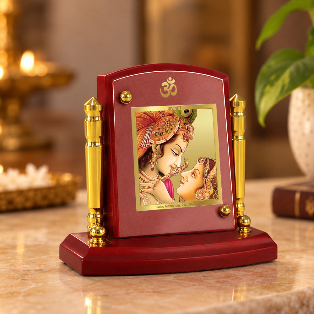 24K Gold-Plated Radha Krishna MDF Car Dashboard Frame | 7.5x9 CM