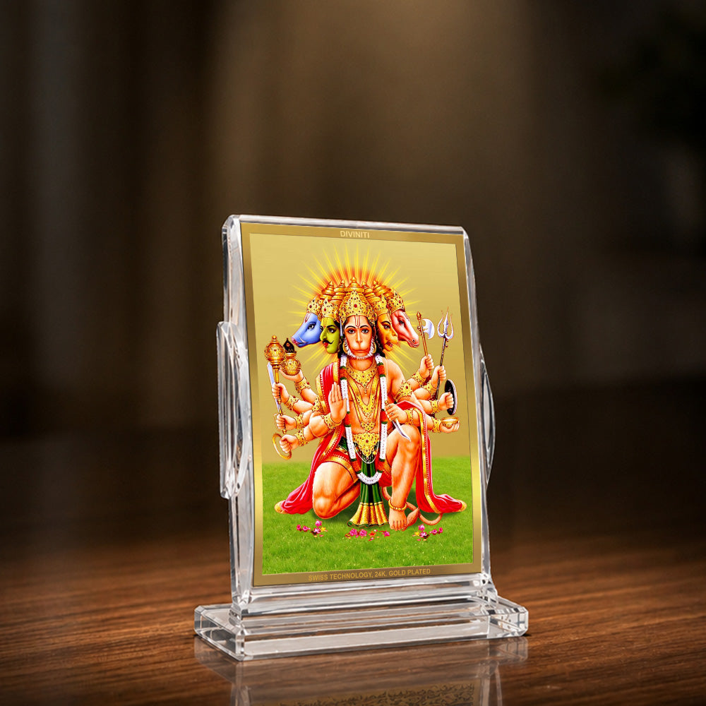 24K Gold-Plated Panchmukhi Hanuman Acrylic Car Dashboard Frame | 11x7 CM