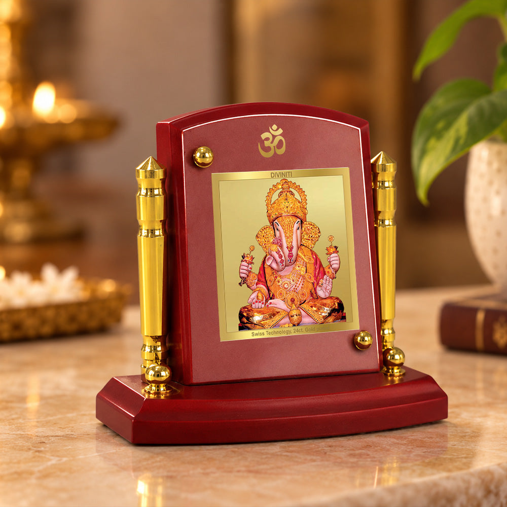 24K Gold-Plated Dagadu Ganesha MDF Car Dashboard Frame | 7.5x9 CM