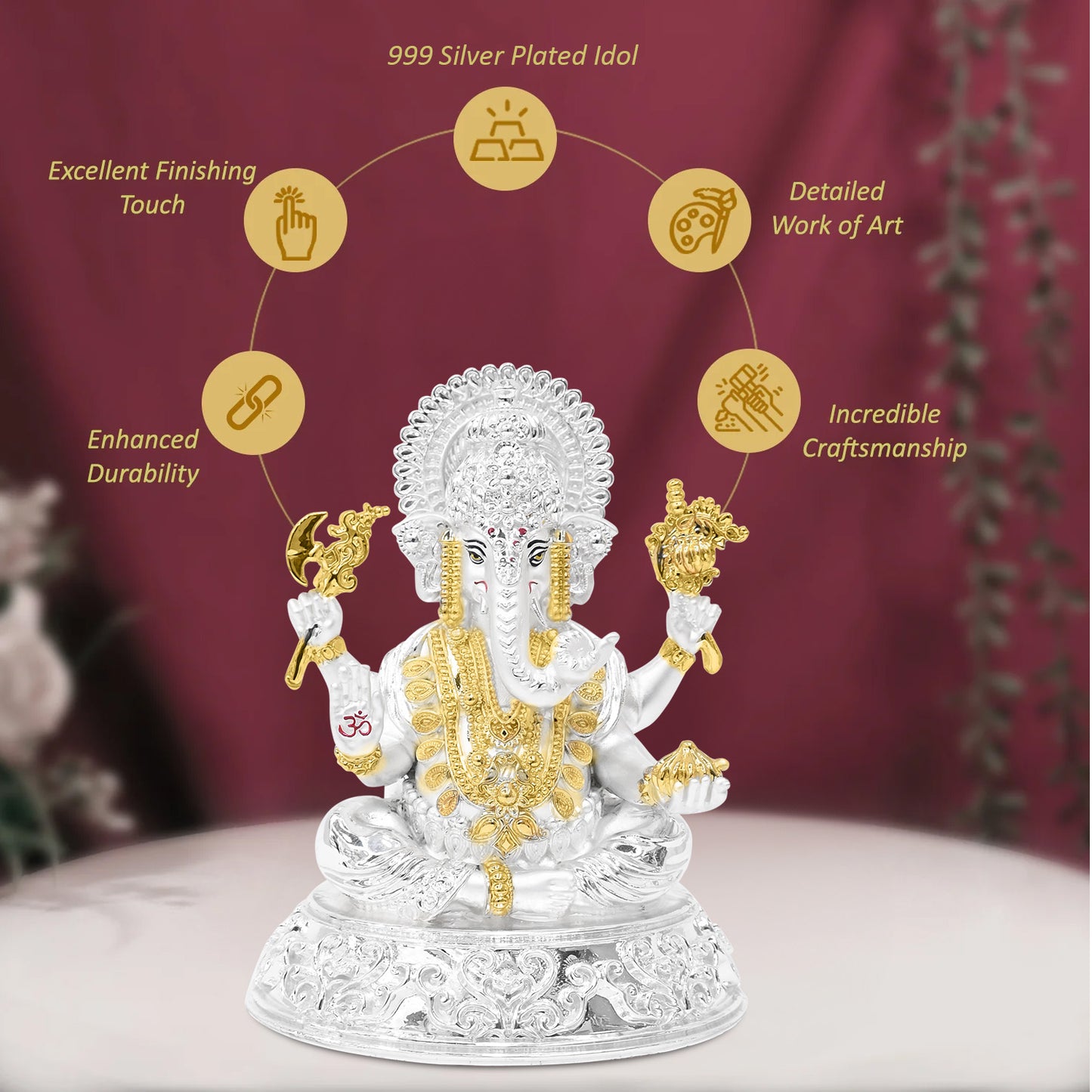 DIVINITI 999 Silver Plated Ganesha Idol | Exquisite Divine Statue for Home Decor, Office Table Top, Pooja Room & Gift (14.5X11.5CM)