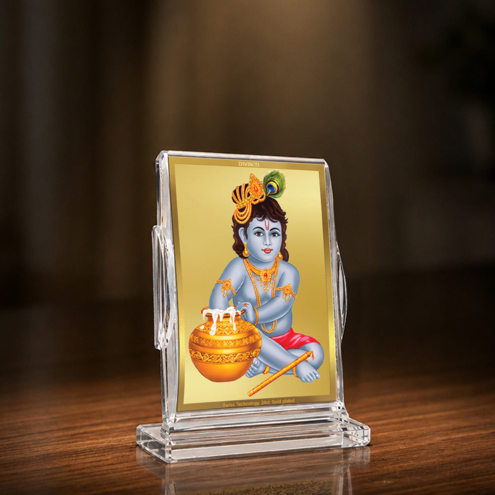 24K Gold-Plated Bal Gopal Acrylic Car Dashboard Frame | 11x7 CM