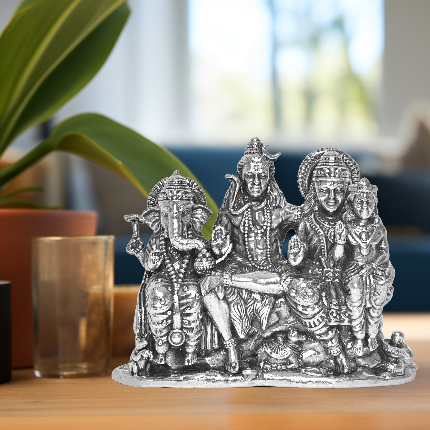 925 Pure Silver Shiv Parivar Idol Statue Elegant Divine Family Blessings for Home Office Décor, Tabletop, Puja Room Gift (7.7x30.5 CM, 305g)