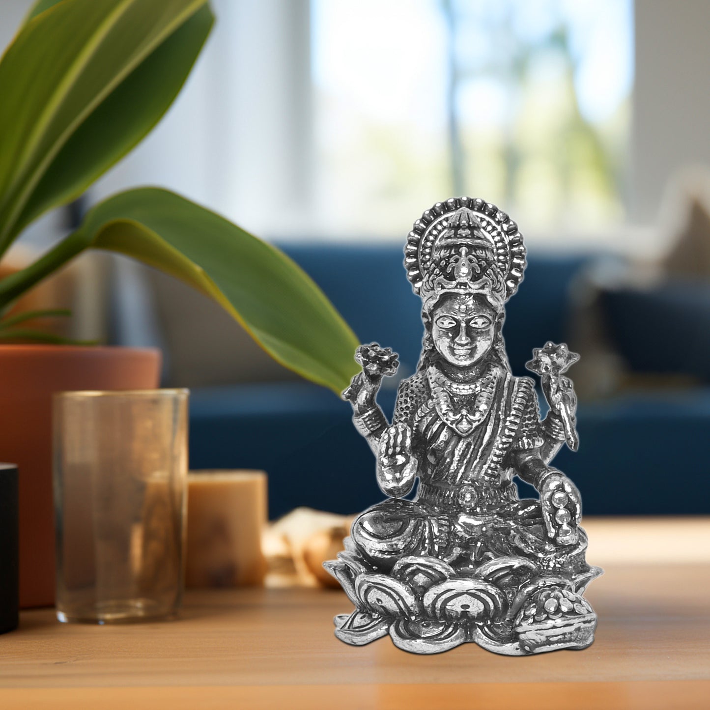 925 Pure Silver Laxmi Ji Idol Statue Divine Elegance Wealth and Prosperity for Home Office Décor, Tabletop, Puja Room Gift (7.5x13.9 CM, 139g)