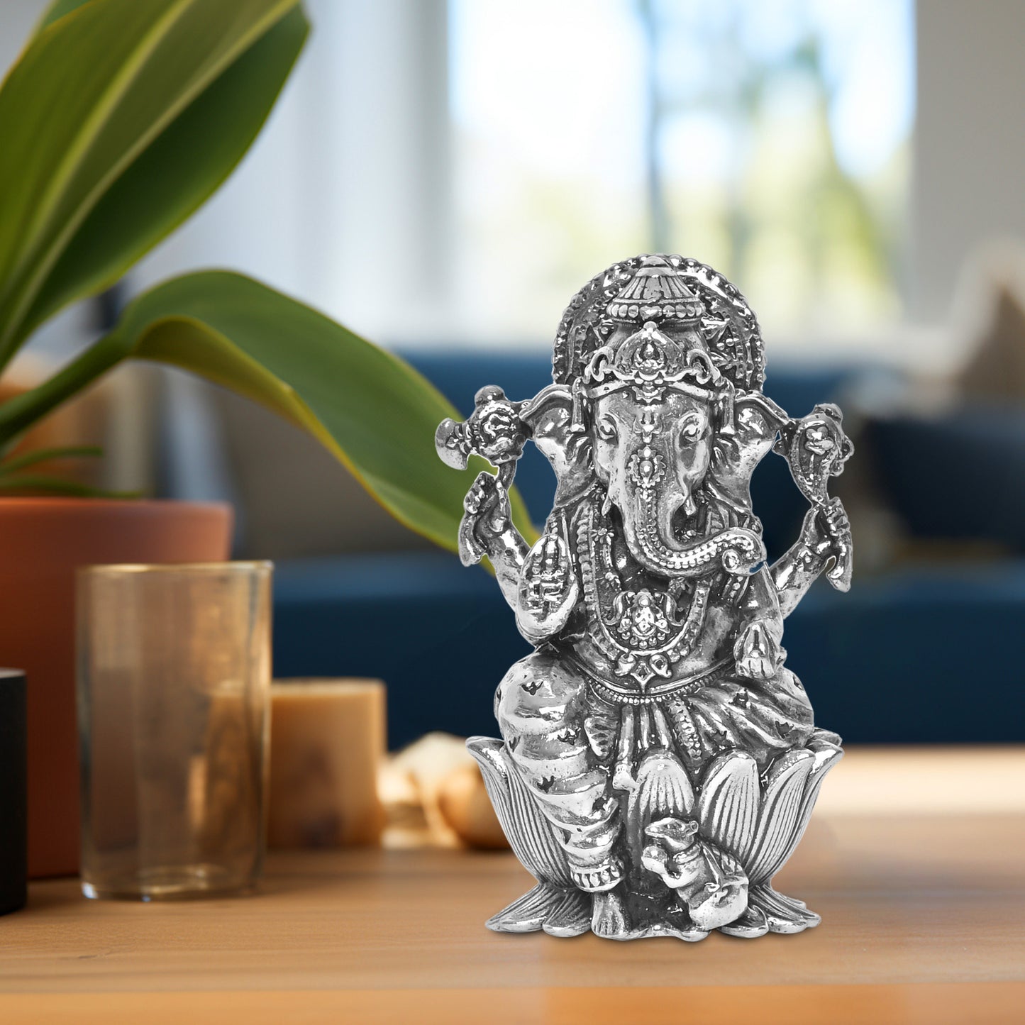 Diviniti 925 Pure Silver Ganesha Idol Statue Exquisite Craftsmanship for Blessings and Abundance for Home Office Décor, Tabletop, Puja Room Gift (4x5.1 CM, 51g)