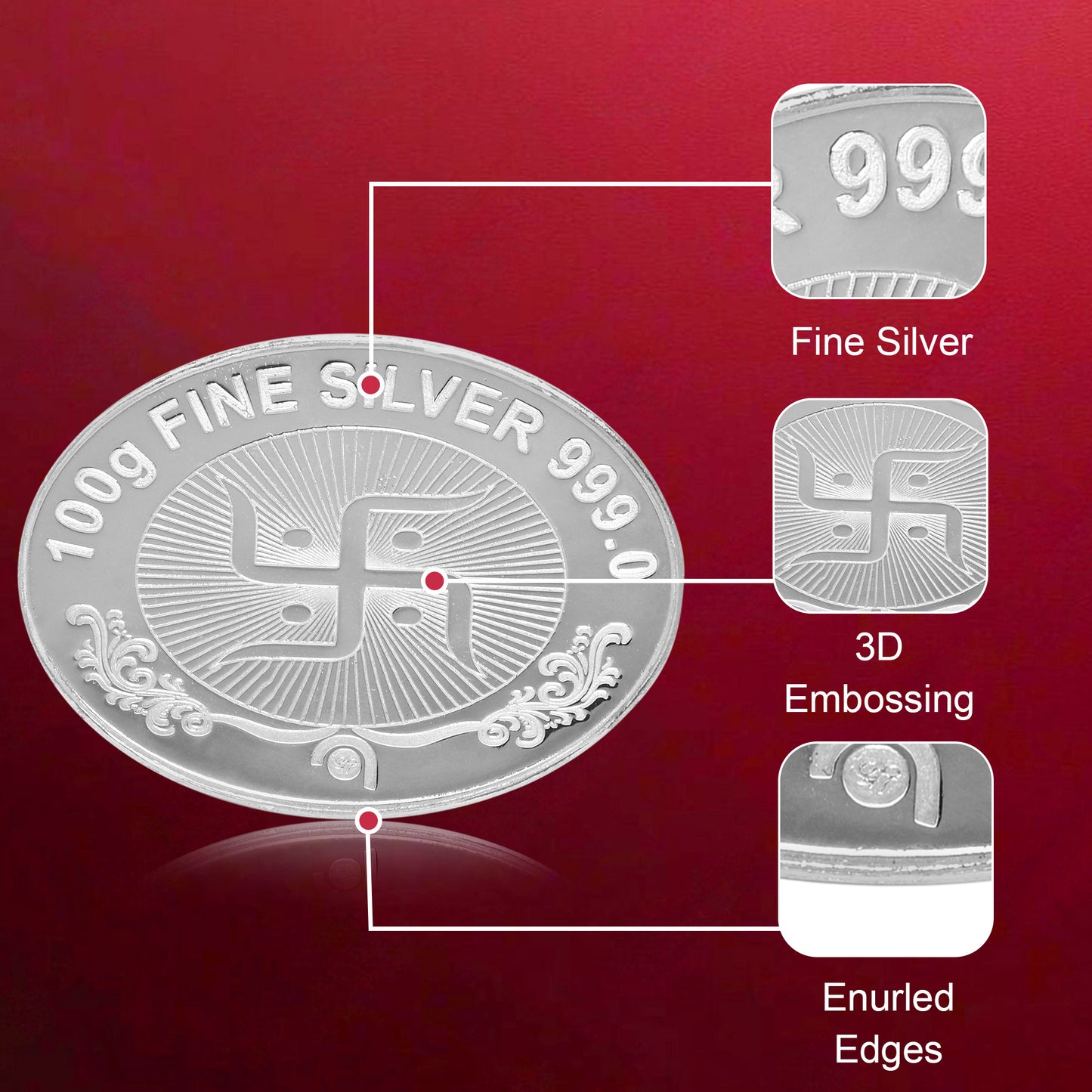 Pure Silver Coin Featuring Laxmi Ganesh with Swastik A Majestic Symbol of Wealth and Blessings for Home & Office Décor, Puja Room Diwali Gift (100g)