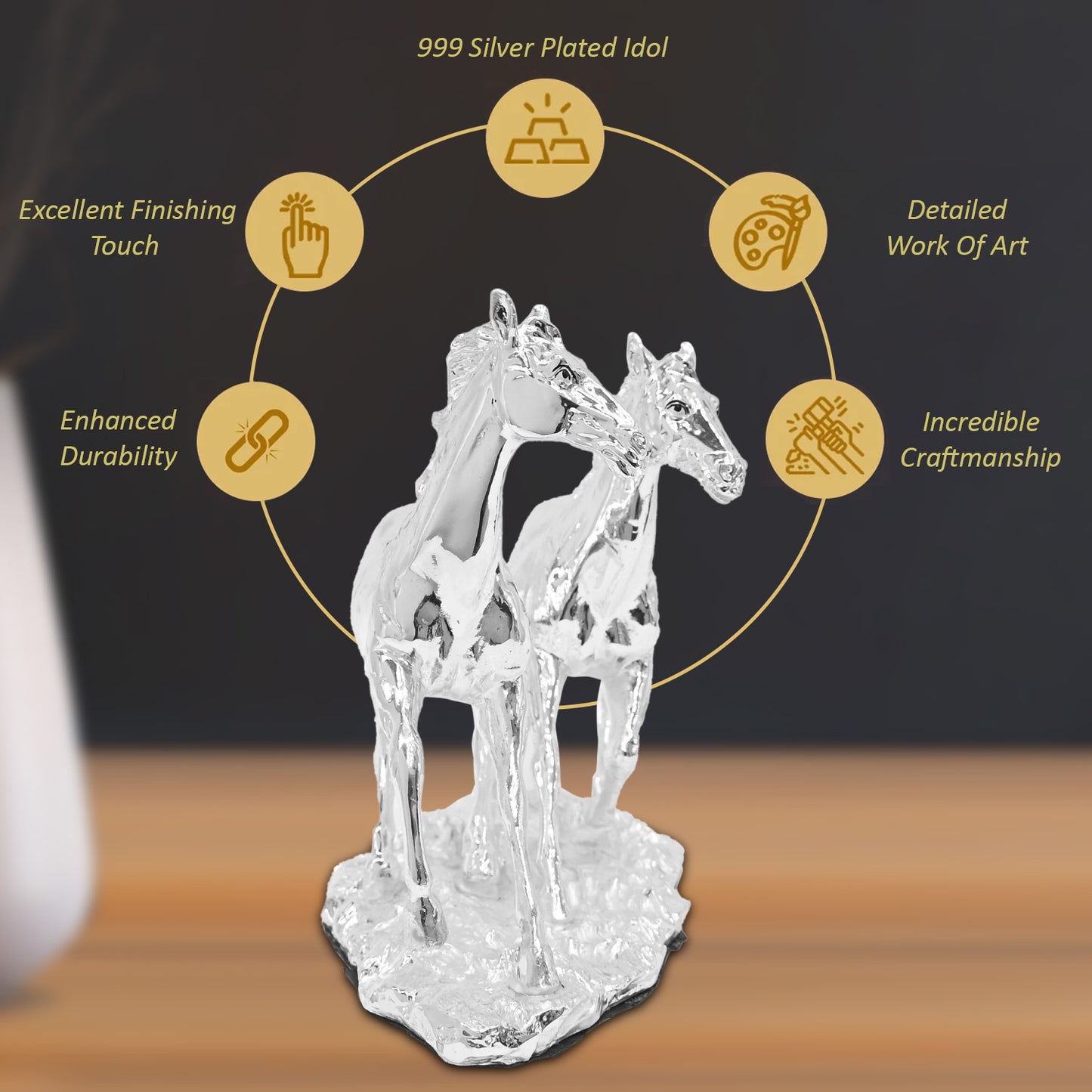 DIVINITI 999 Silver Plated Horse Idols Statue Wealth, Income, Bright Future and Vaastu For Home Décor, Office Tabletop Gift (16.5x21.5 CM)