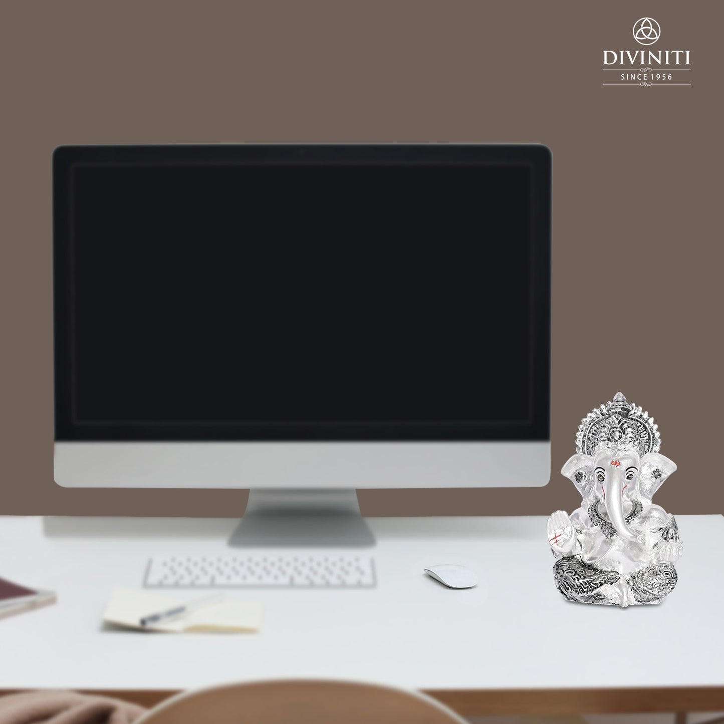 Diviniti 999 Silver Plated Resin Lord Ganesha Idol for Car Dashboard Tabletop for Home Decor Mandir Puja Gift Silver (8.4x4.2cm)