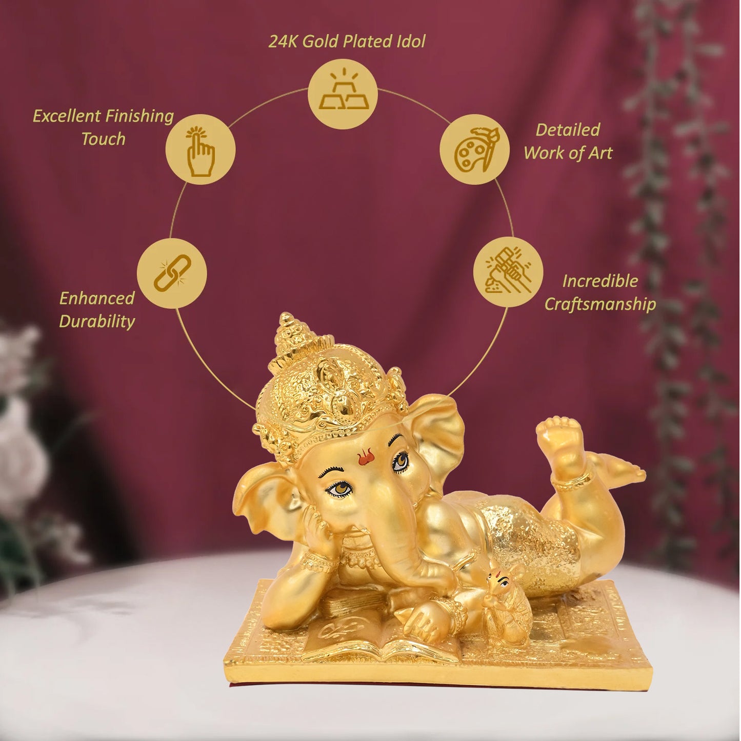 Diviniti 24K Gold Polished Ganesha Idol | Exquisite Divine Statue for Home Decor, Office Table Top, Pooja Room & Gift (12X14CM)