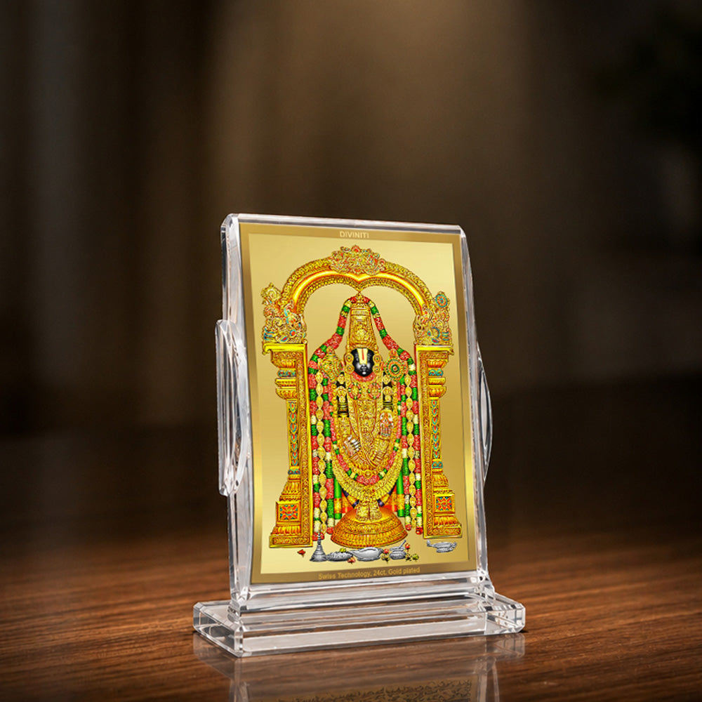 24K Gold-Plated Lord Tirupati Balaji Acrylic Car Dashboard Frame | 11x7 CM
