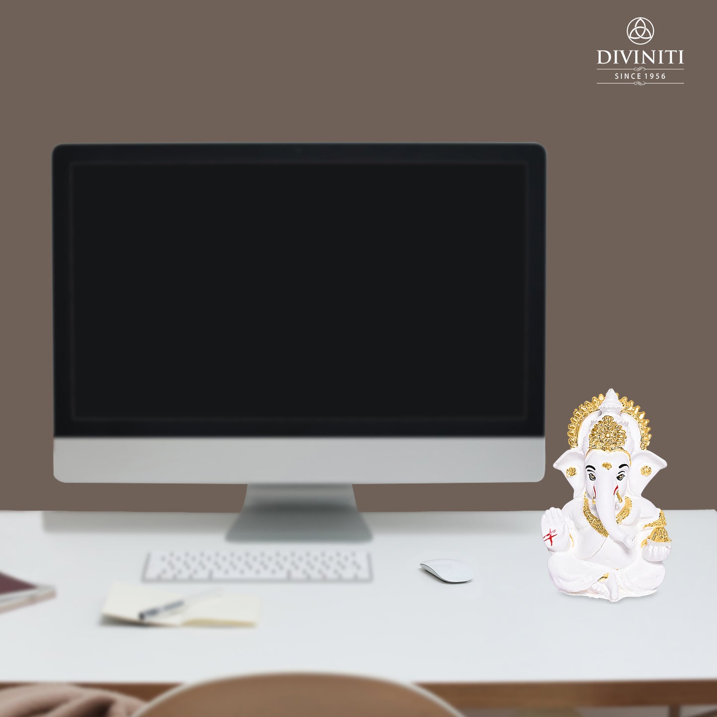 Diviniti 24K Gold Plated Resin Lord Ganesha Idol for Car Dashboard Tabletop for Home Decor Mandir Puja Gift White (8.4x4.2cm)