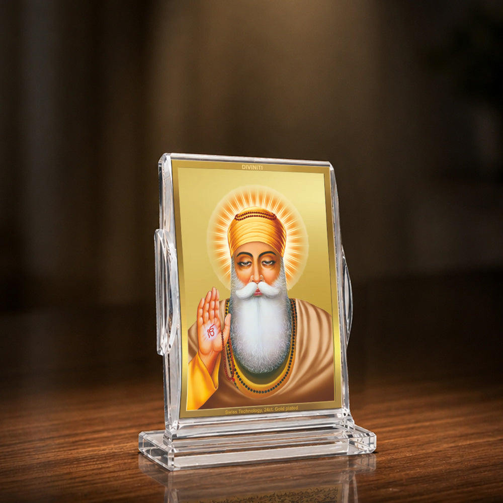 24K Gold-Plated Guru Nanak Dev Ji Acrylic Car Dashboard Frame | 11x7 CM