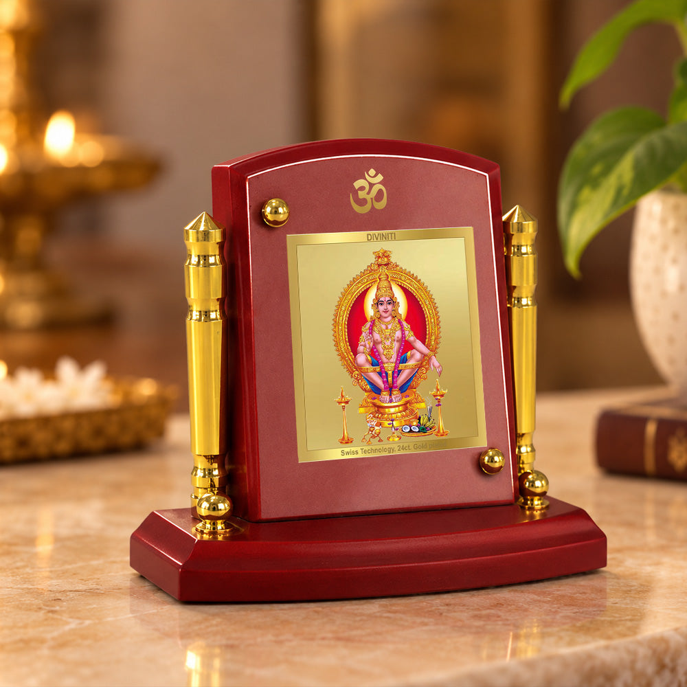 24K Gold-Plated Lord Ayyappan MDF Car Dashboard Frame | 7.5x9 CM