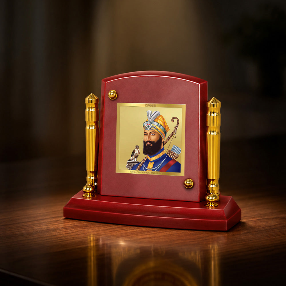 24K Gold-Plated Guru Gobind Singh Ji MDF Car Dashboard Frame | 7.5x9 CM