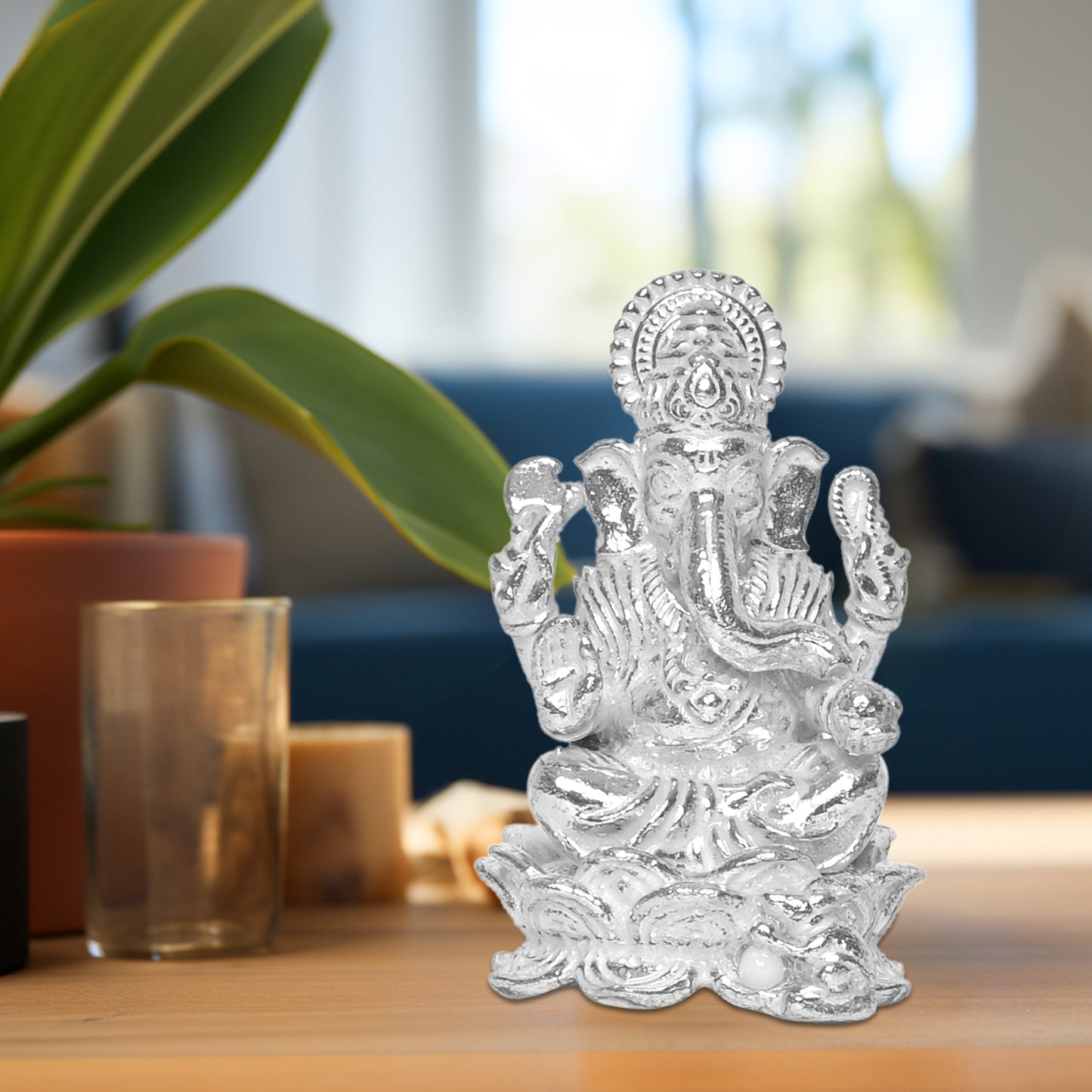 925 Pure Silver Ganesha Idol Statue Exquisite Craftsmanship for Blessings and Abundance for Home Office Décor, Tabletop, Puja Room Gift (7.5x12.7 CM, 127g)