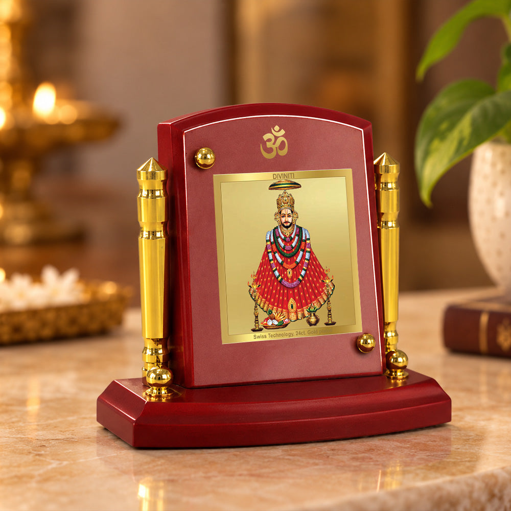 24K Gold-Plated Khatu Shyam Ji MDF Car Dashboard Frame | 7.5x9 CM