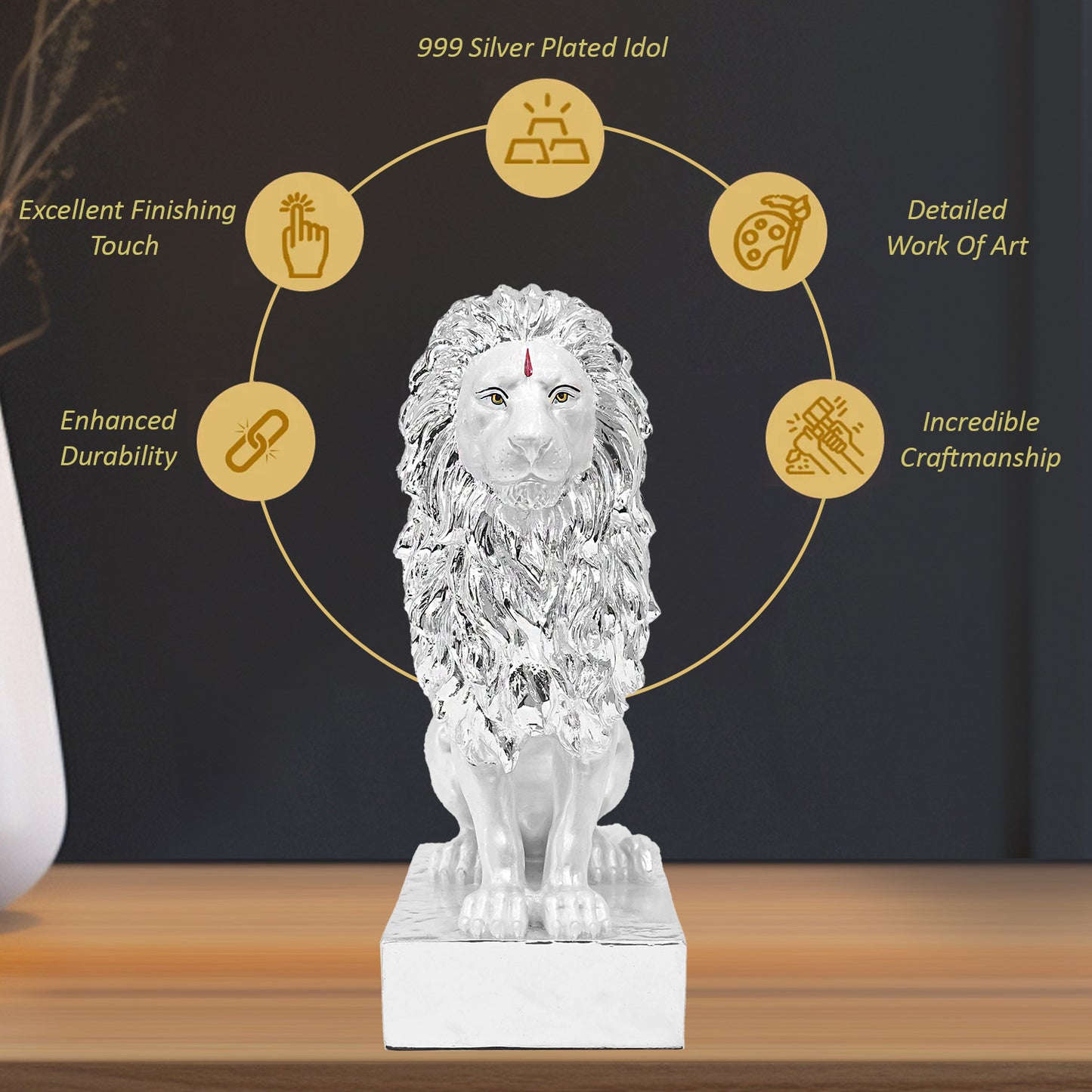 Diviniti 999 Silver Plated Lion Idol Showpiece Statue for Home Décor, Office Tabletop Corporate Gifts (21.8x12.7x8.8 CM)