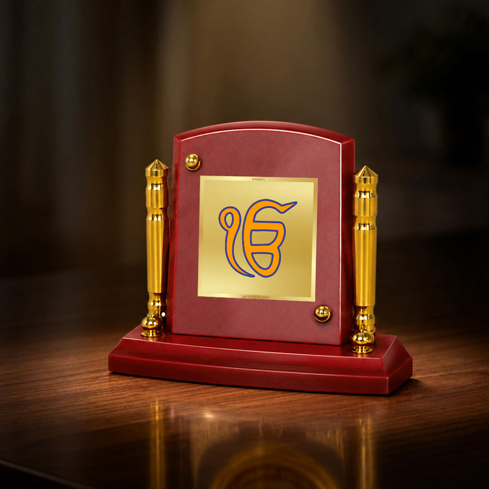 24K Gold-Plated Ik Onkar MDF Car Dashboard Frame | 7.5x9 CM