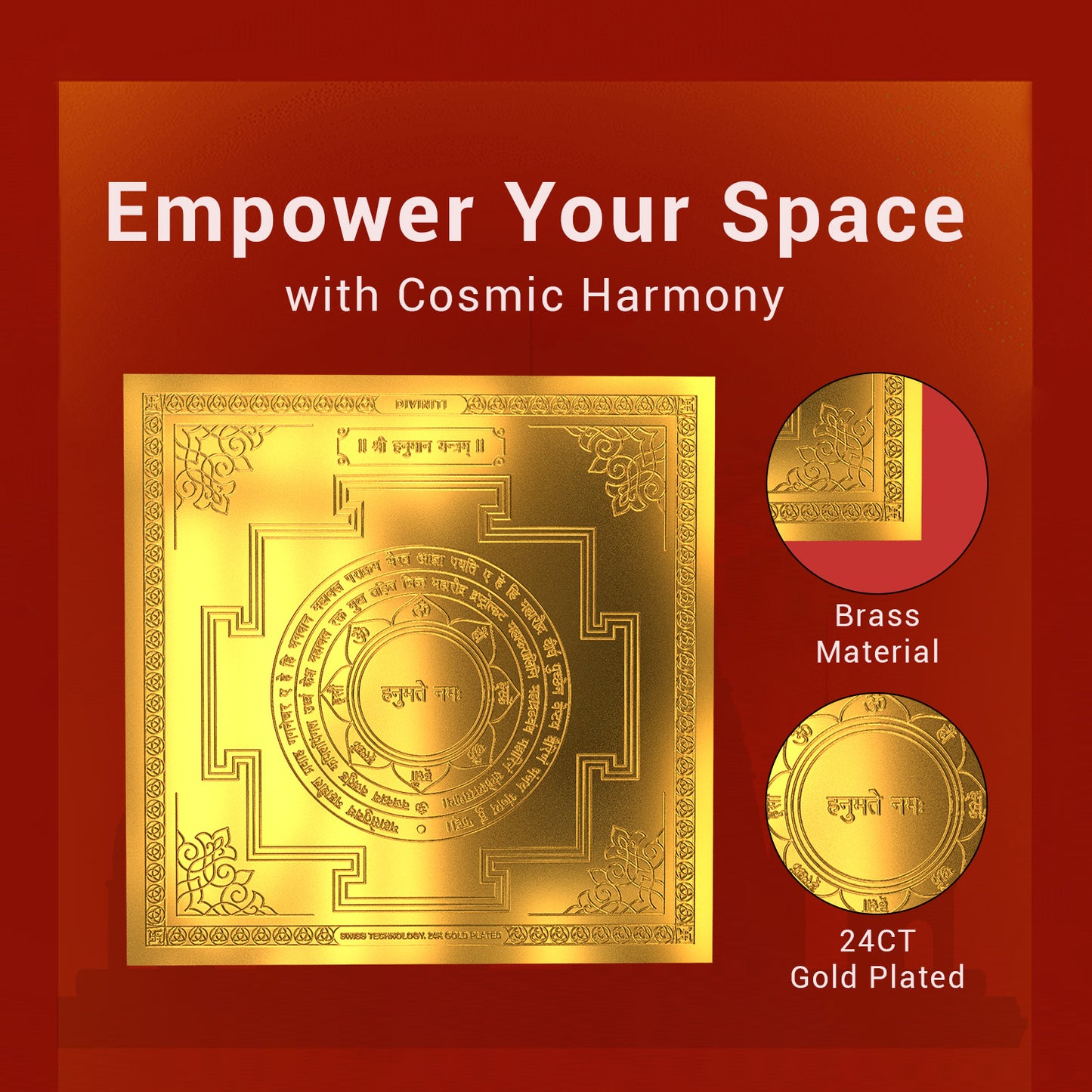 Diviniti 24K Gold Plated Lord Hanuman Energized Yantra For Inner Strength and Confidence (15.5x15.5 CM)