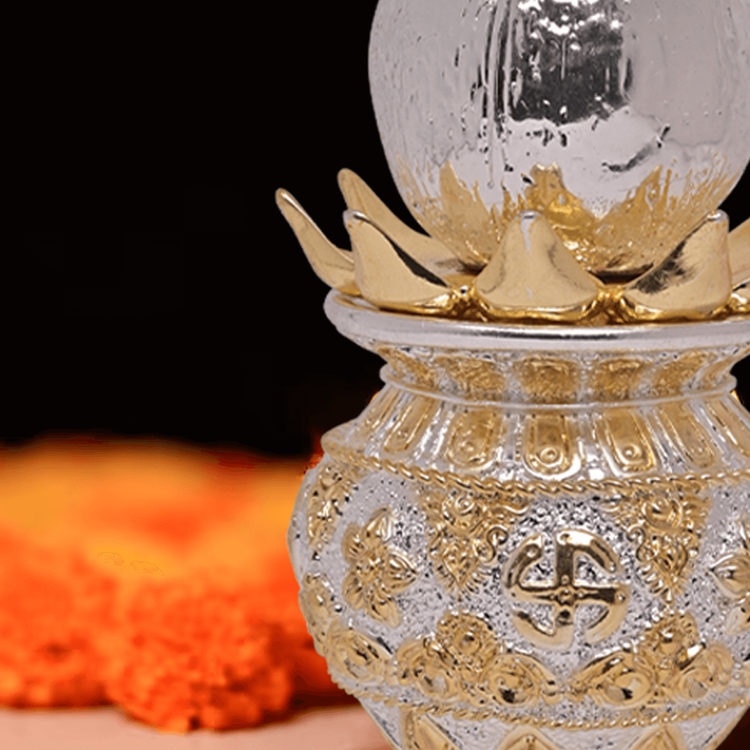 DIVINITI 24K Gold Plated Swastik Kalash with Silver Plated Coconut Elegance Rituals and Celebrations for Home Office Décor Puja Room Diwali Gift (16x8 CM)