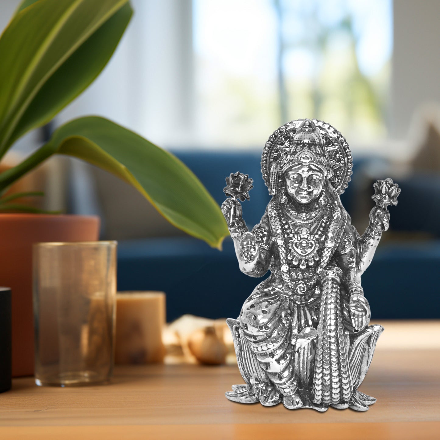 925 Pure Silver Laxmi Ji Idol Statue Divine Elegance Wealth and Prosperity for Home Office Décor, Tabletop, Puja Room Gift (6x6 CM, 60g)