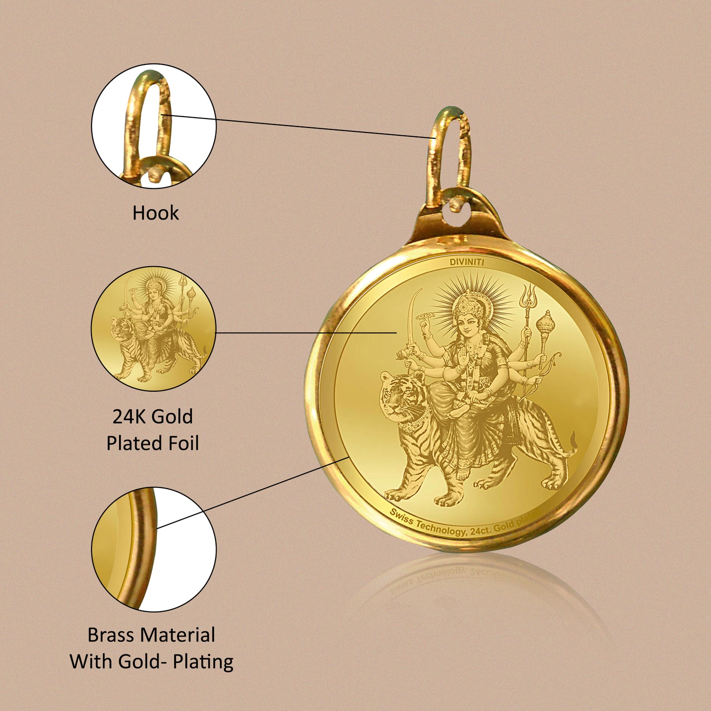 DIVINITI 24K Gold Plated Durga & Mata Ka Darbar 22MM Double Sided Pendant For Men, Women & Kids