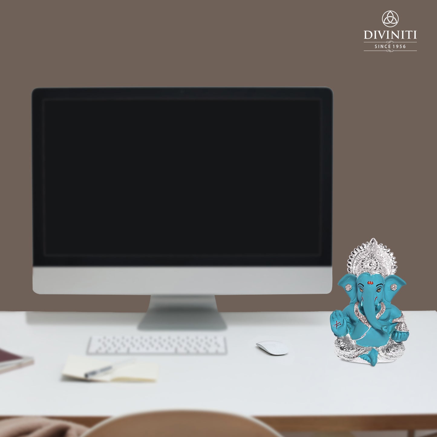 Diviniti 999 Silver Plated Resin Lord Ganesha Idol for Car Dashboard Tabletop for Home Decor Mandir Puja Gift Teal (8.4x4.2cm)