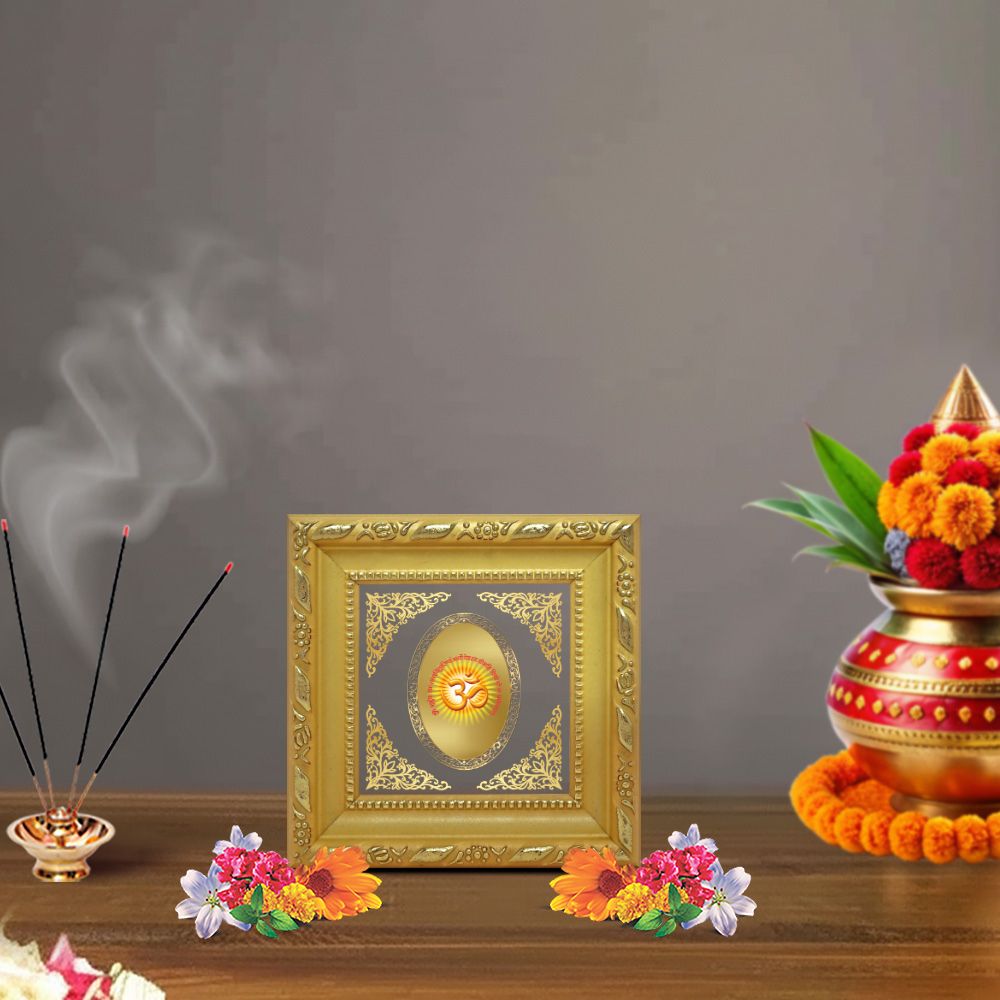 Om with Gayatri Mantra | Sacred Spiritual Symbol Royal Tabletop Photo Frame in 24K Gold Plated Foil