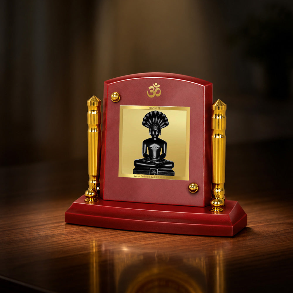 24K Gold-Plated Parshwanath Ji MDF Car Dashboard Frame | 7.5x9 CM