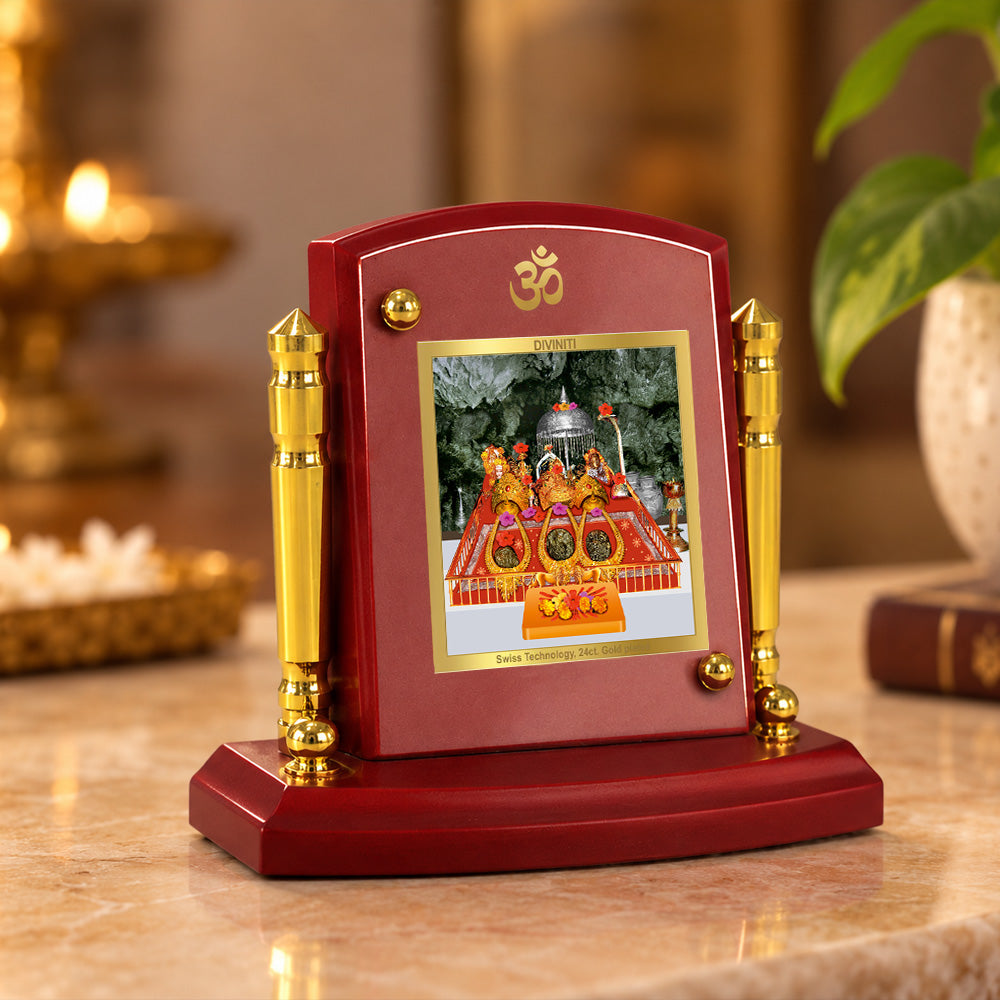 24K Gold-Plated Vaishno Devi Mata Darbar MDF Car Dashboard Frame | 7.5x9 CM