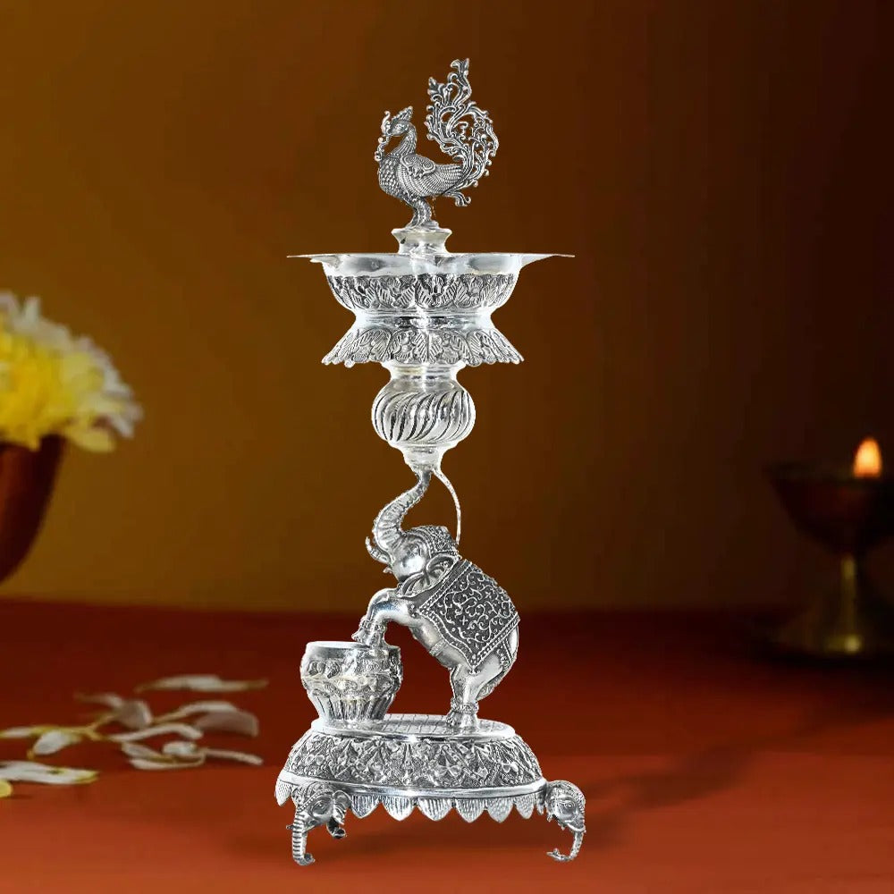 Pure Silver | Elephant & Peacock Diya Stand for Spiritual Decor | Home Temple | Puja & Festive Decor (530 g)