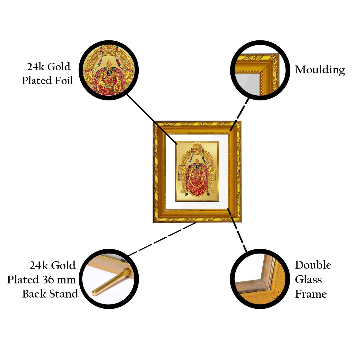 DIVINITI 24K Gold Plated Foil Padmavathi Photo Frame For Living Room, Wall Decor, Gift (15.0 X 13.0 CM)