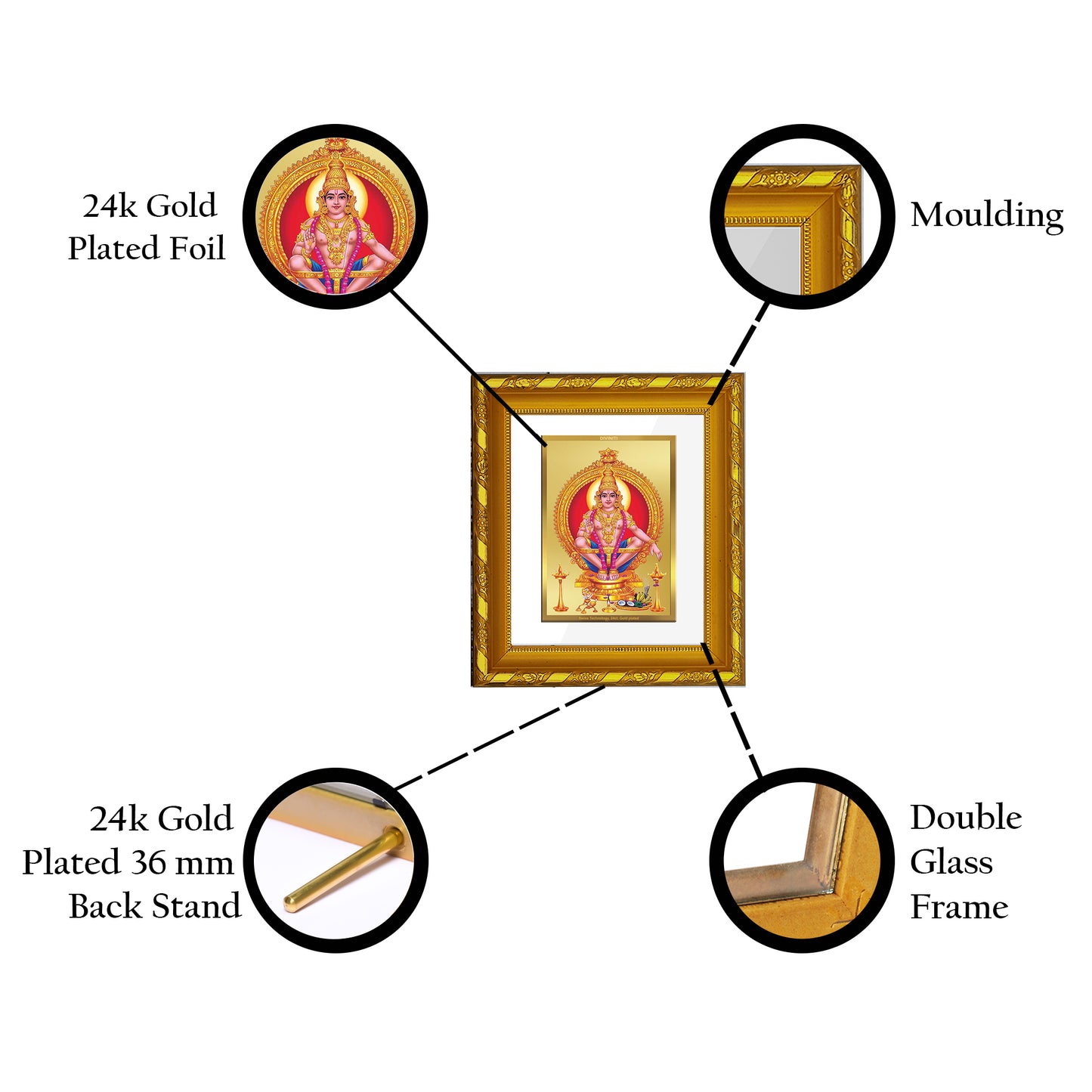 DIVINITI 24K Gold Plated Foil Ayyappan Photo Frame For Home Wall Decor, Puja Room, Gift DG 103 S1 (15.3x14.9 CM)