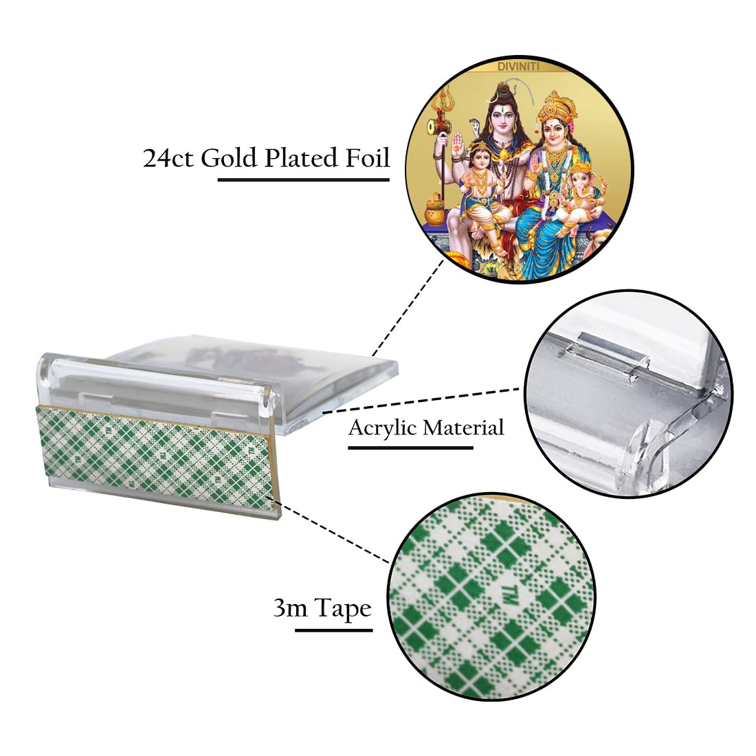 Diviniti 24K Gold Plated Shiv Parivar Acrylic Frame for Car Dashboard, Home Decor, Tabletop, Puja Room, Festival Gift ACF3A (5.8x4.8 CM)