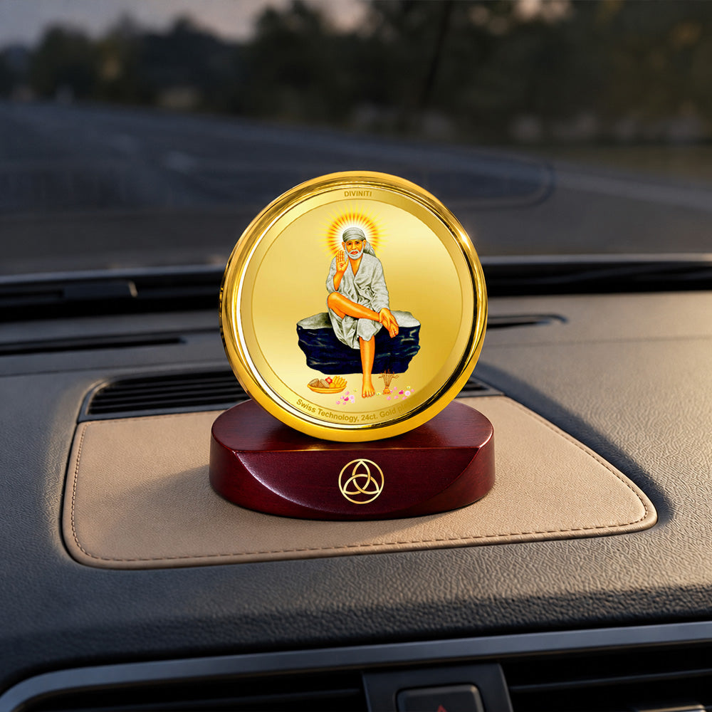 24K Gold-Plated Sai Baba Car Dashboard Frame | 5x5 CM