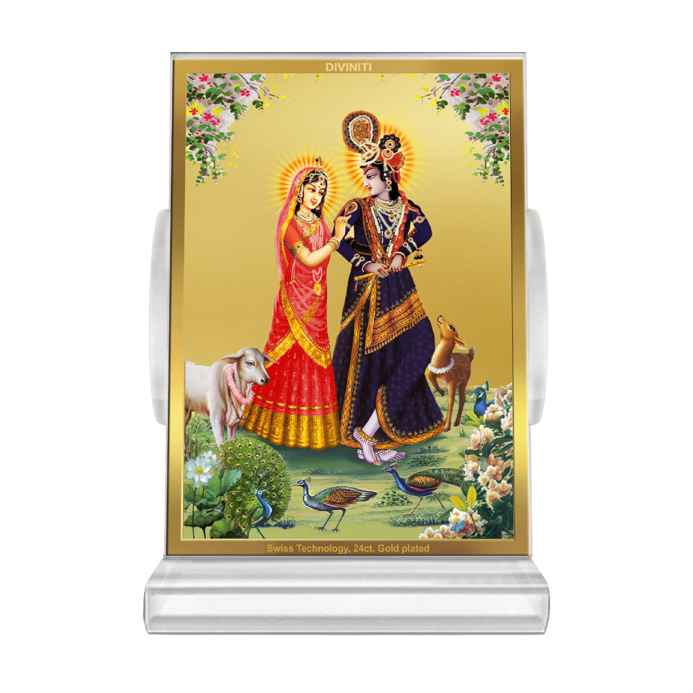 24K Gold-Plated Radha Krishna with Cow Acrylic Car Dashboard Frame | 11x7 CM