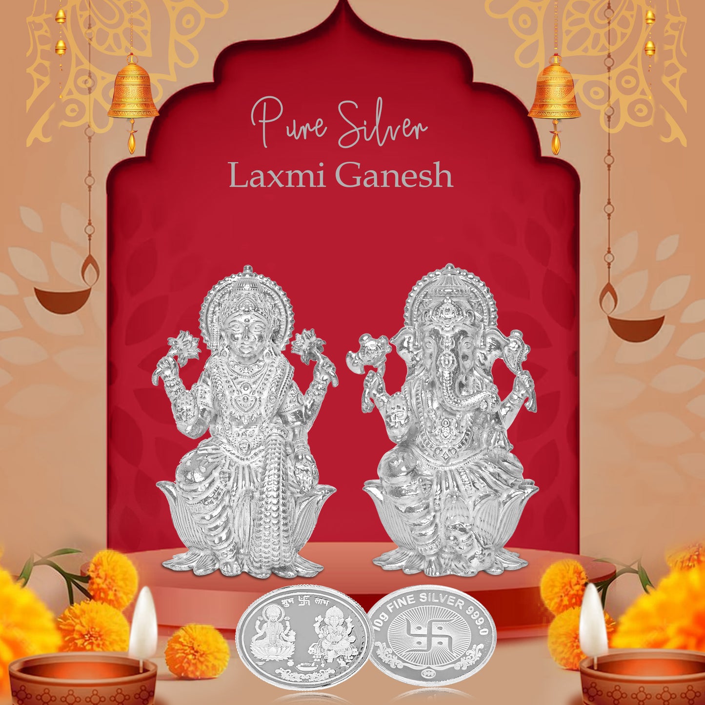 Pure Silver Coin Laxmi Ganesh with Swastik A Blessing of Prosperity and Good Fortune for Home & Office Décor, Puja Room Diwali Gift (10g)