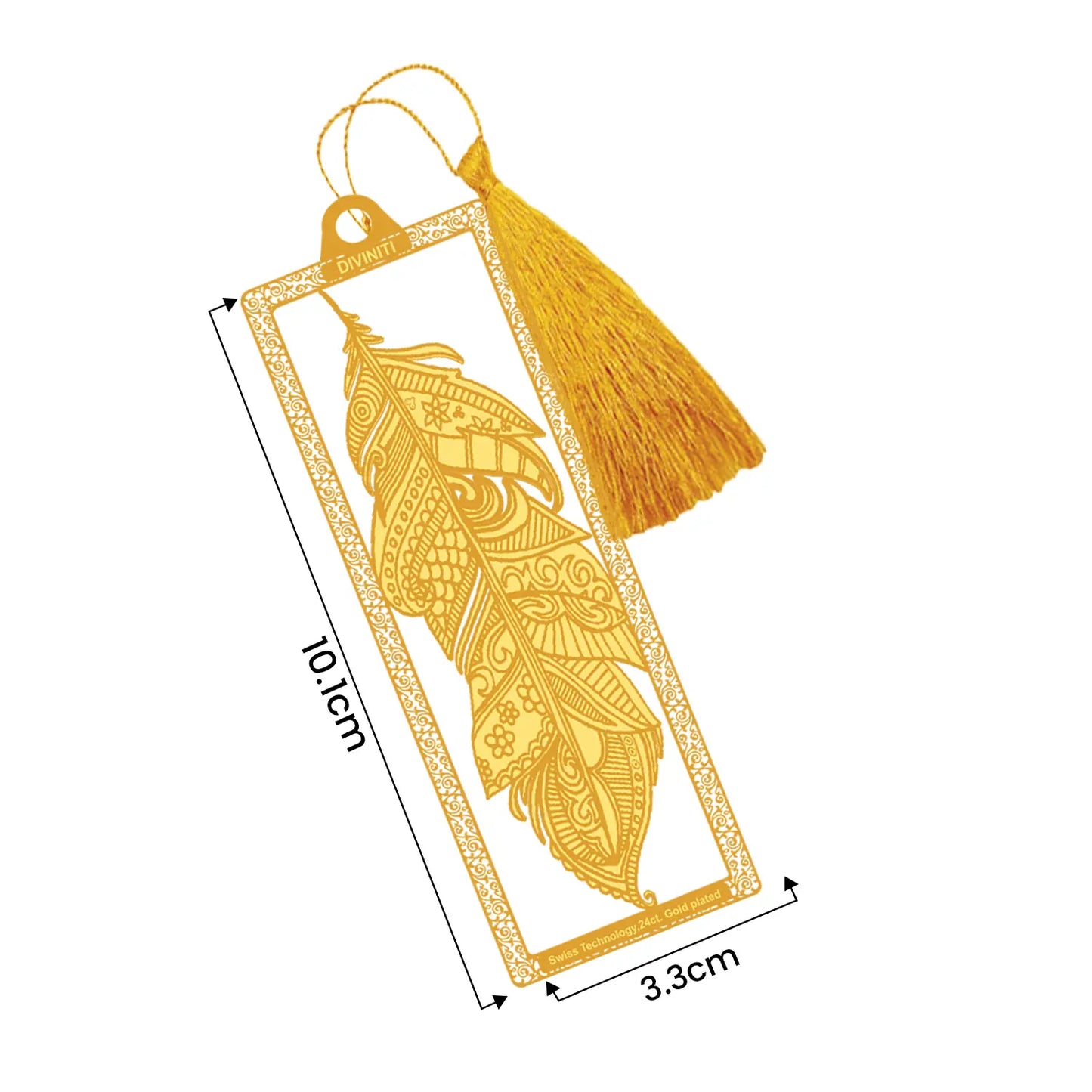 Diviniti 24K Gold Plated Bookmark with String | Design Feather | Size -10cm x 4cm|Luxury Gifting