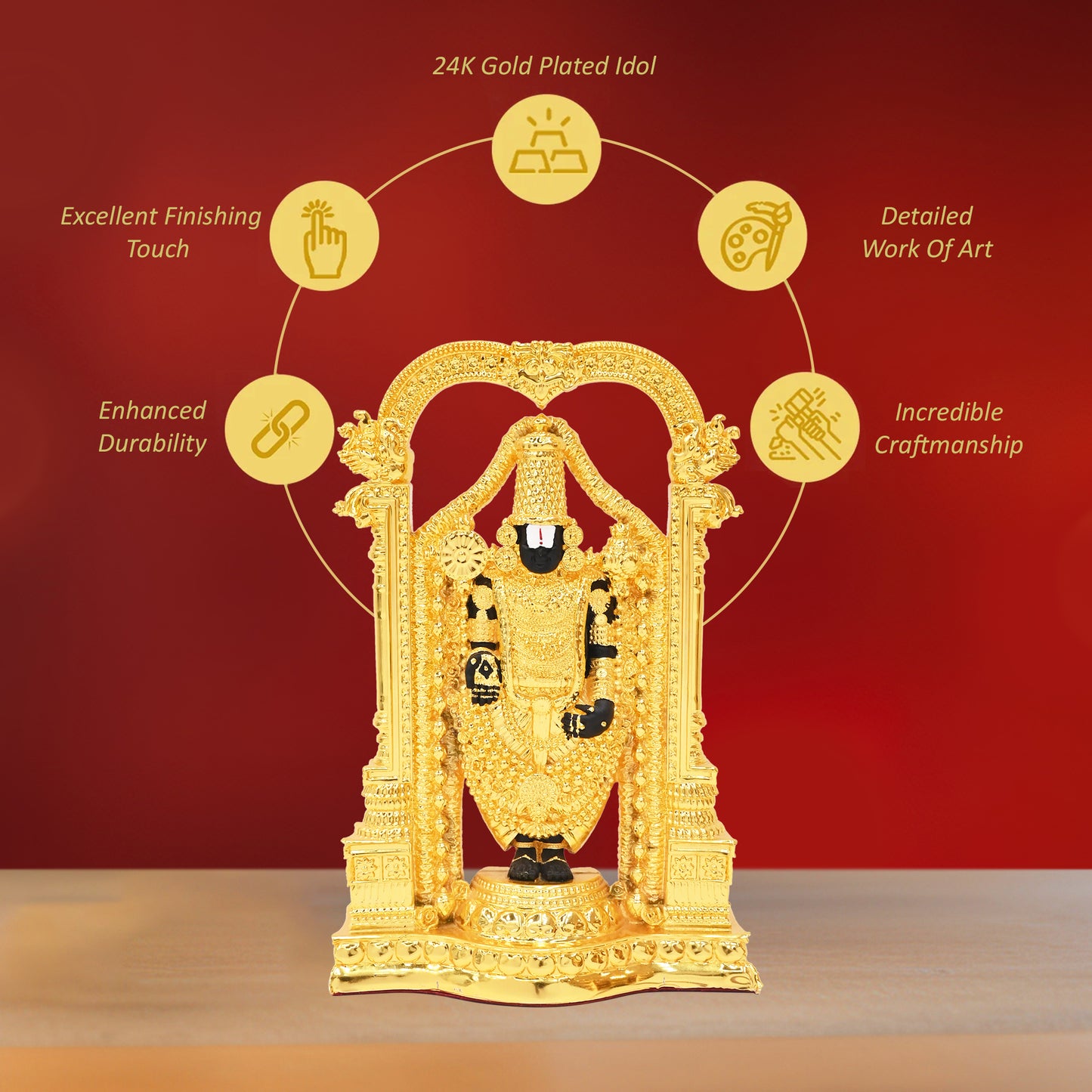 DIVINITI 24K Gold-Plated Tirupati Balaji Idol Statue Blessings of Abundance and Prosperity for Home Office Décor Tabletop, Puja Room Gift (8.5x5.5 CM)