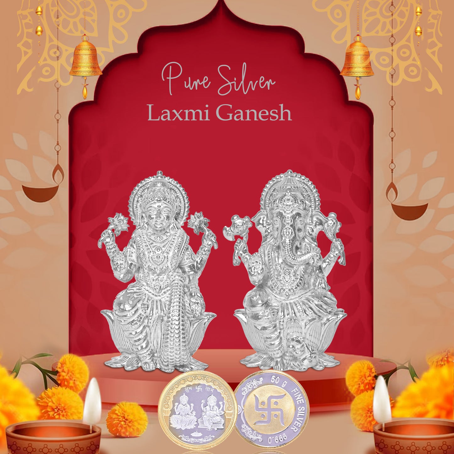 DIVINITI Pure Silver Coin with 24K Gold Plated Laxmi Ganesh & Swastik Exquisite Emblem of Wealth and Blessings for Home & Office Décor, Puja Room Diwali Gift (50g)