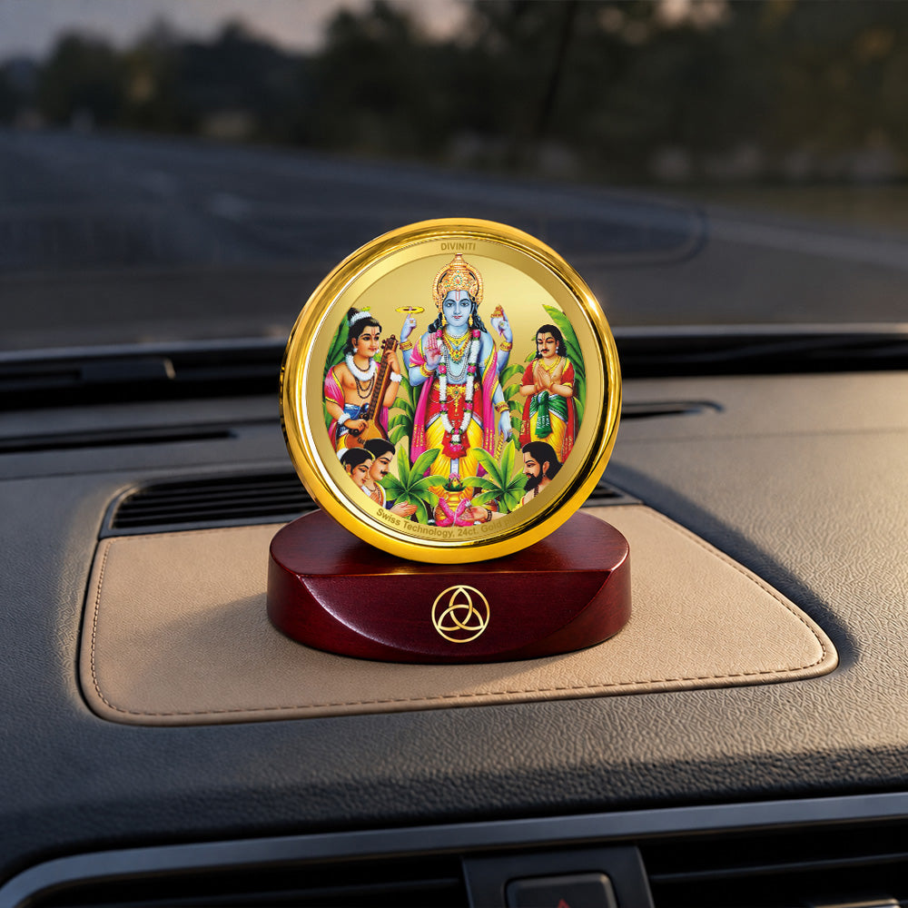 24K Gold-Plated Lord Satya Narayana Car Dashboard Frame | 5x5 CM