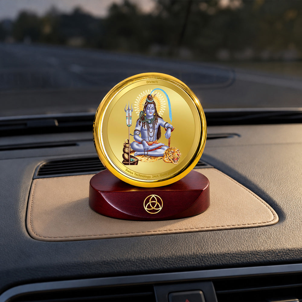 24K Gold-Plated Lord Shiva Car Dashboard Frame | 5x5 CM