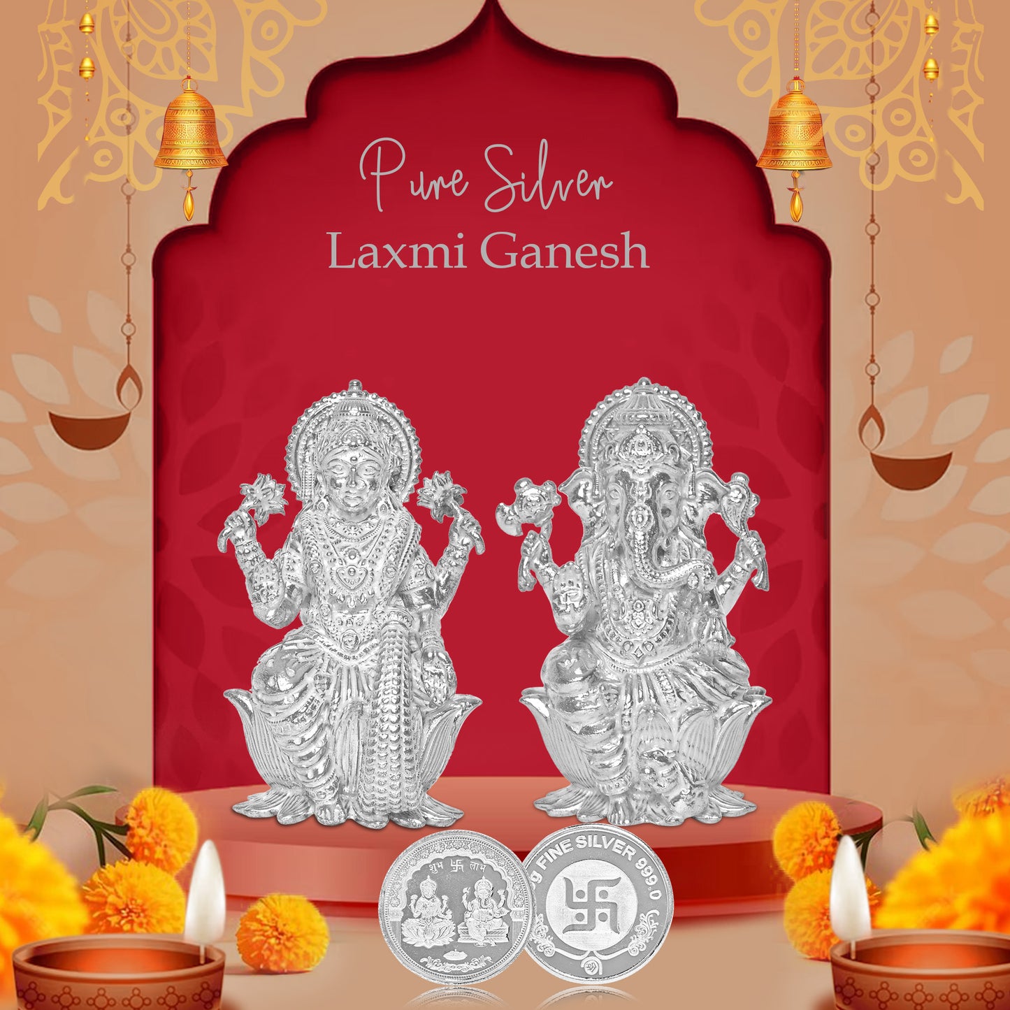 Pure Silver Coin with Laxmi Ganesh and Swastik Emblem of Wealth or Good Fortune for Home & Office Décor, Puja Room Diwali Gift (10g)
