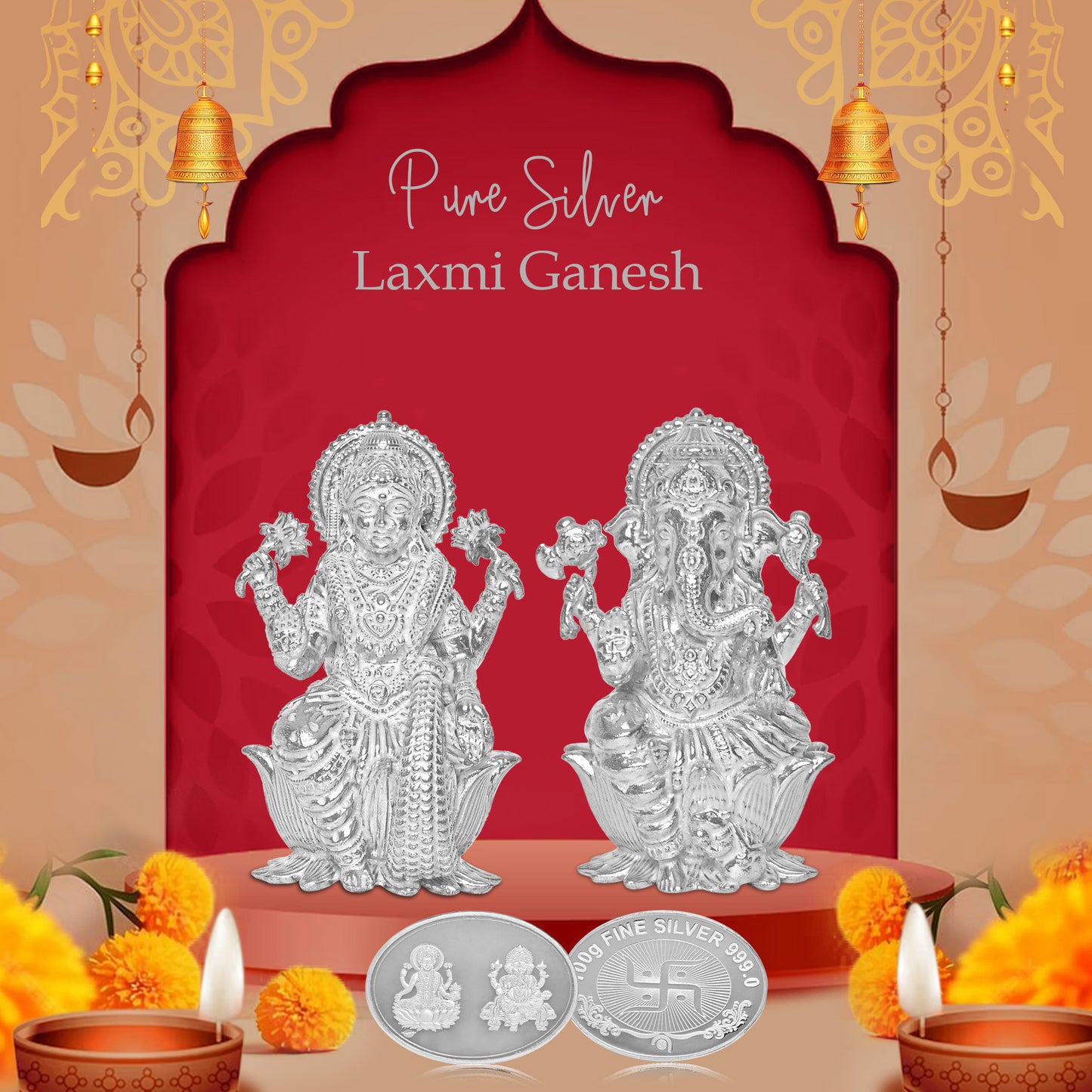 Pure Silver Coin Featuring Laxmi Ganesh with Swastik A Majestic Symbol of Wealth and Blessings for Home & Office Décor, Puja Room Diwali Gift (100g)