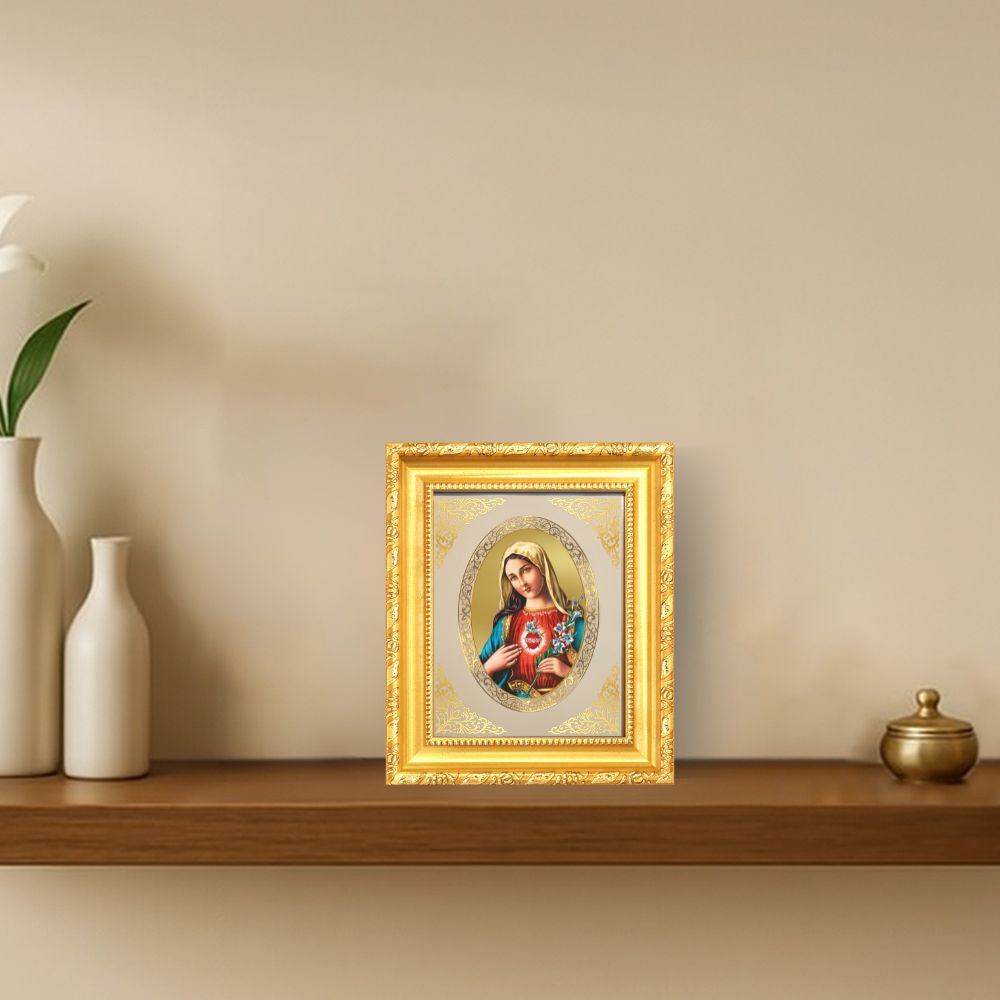 Mother Mary Divine Compassion & Grace Sacred Christian Royal Tabletop Frame in 24K Gold Plated Foil
