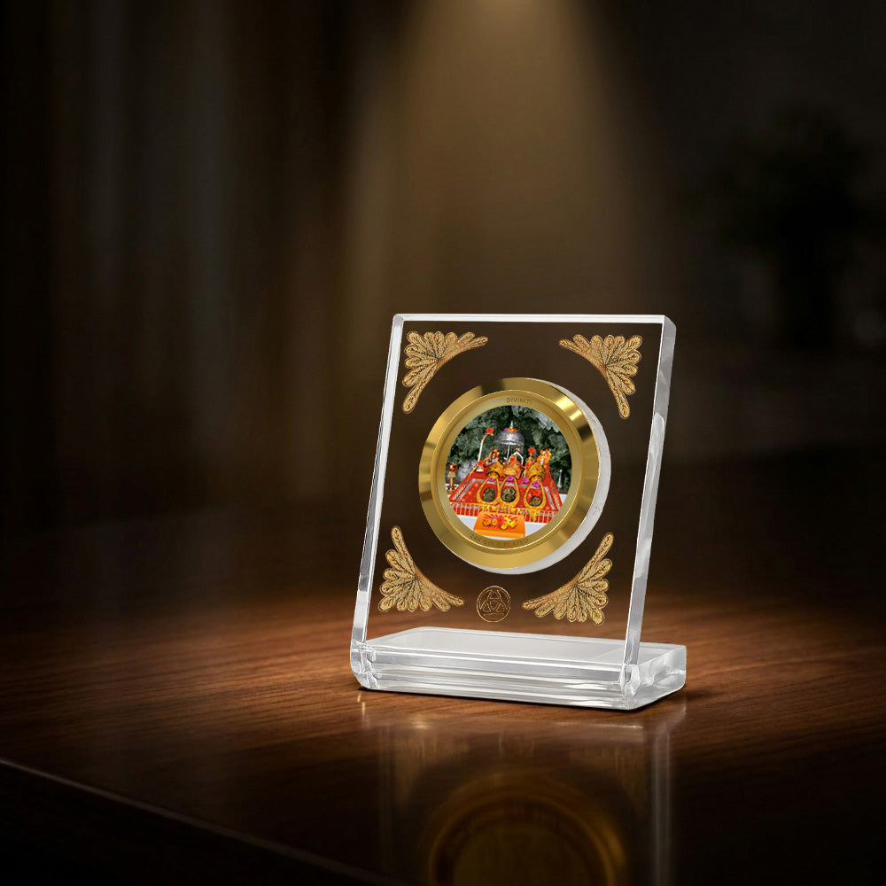 24K Gold-Plated Vaishno Devi Mata Darbar Acrylic Car Dashboard Frame | 8x7 CM