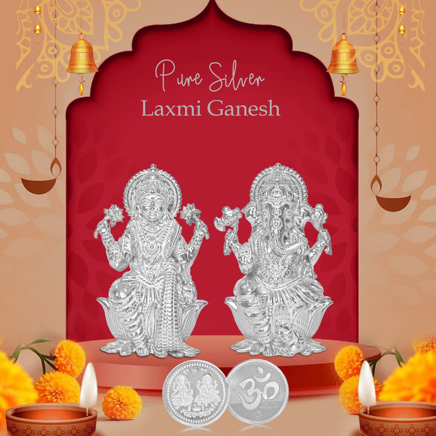 Pure Silver Coin Featuring Laxmi Ganesh & Om A Sacred Symbol of Prosperity and Spirituality for Home & Office Décor, Puja Room Diwali Gift (20g)
