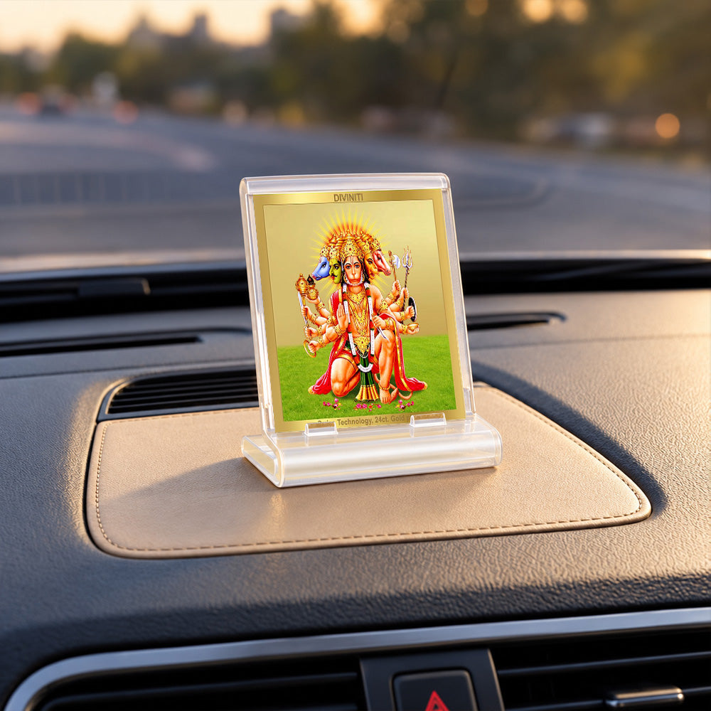 24K Gold-Plated Panchmukhi Hanuman Acrylic Car Dashboard Frame | 6x5 CM